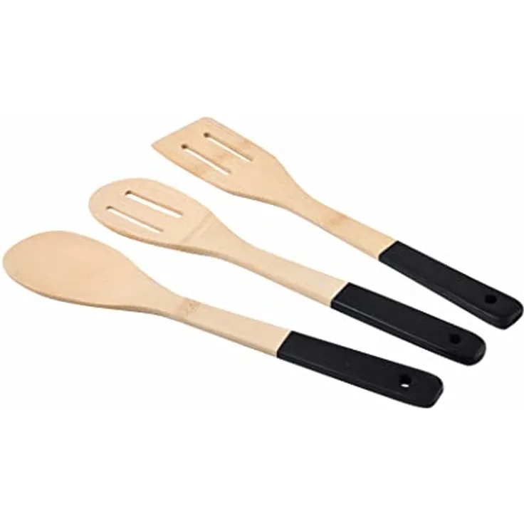 BERGNER Earth Black | 3er-Set Küchenutensilien mit 2 Löffeln und 1 Spatel | Hergestellt Aus Bambus | Mit Schwarzem Griff | Holzutensilien | Kochlöffel und Spatel