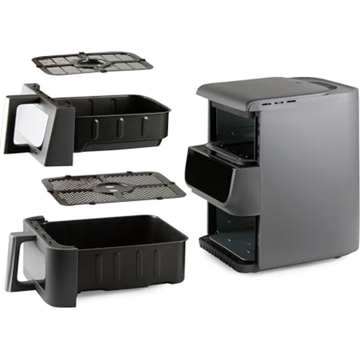 DOMO DO550FR Heißluftfritteuse 2 Kammern Vertikal, 10L, 2500W, LED Touchdisplay mit Sichtfenster, platzsparendes Design, grau – Bild 3