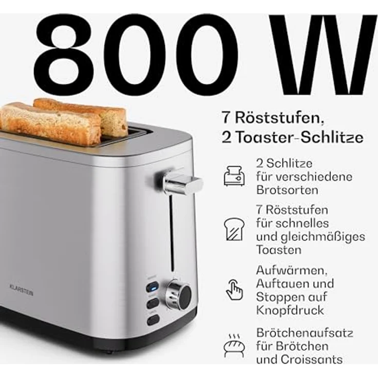 Klarstein Verosteel Toaster Wasserkocher Set, Edelstahl, 2-Scheiben Toaster mit 7 Bräunungsstufen & Brötchenaufsatz, 1,7L Wasserkocher mit Kalkfilter – Bild 4