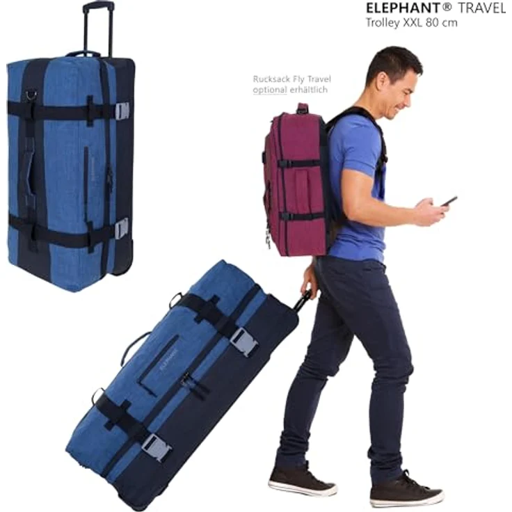 Elephant Trolley XXL Koffer 120 Liter 80 cm Reisetasche mit 2 Hauptfächern (Blau-Schwarz 13032) – Bild 3