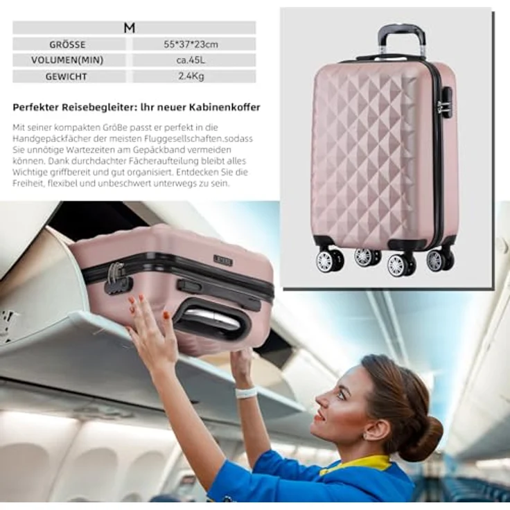 BEIBYE Trolley Koffer Reisekofferset Hartschale mit 4 Zwillingsrollen, M (55x34x22cm), Rosa Gold, integriertes Sicherheits-Zahlenschloss, höhenverstellbarer Teleskopgriff – Bild 3