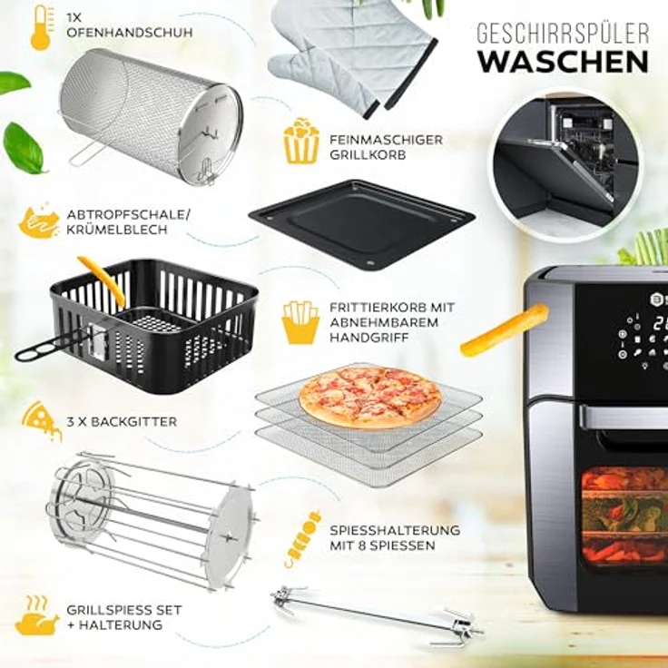 Balter Heißluftfritteuse HL-1200-BL, 12 Liter, Friteuse, LED Touchscreen, Dörrautomat, 1800W Heissluftfritteuse airfryer, 100 Rezepte auf Deutsch, Minibackofen,  in Schwarz – Bild 3