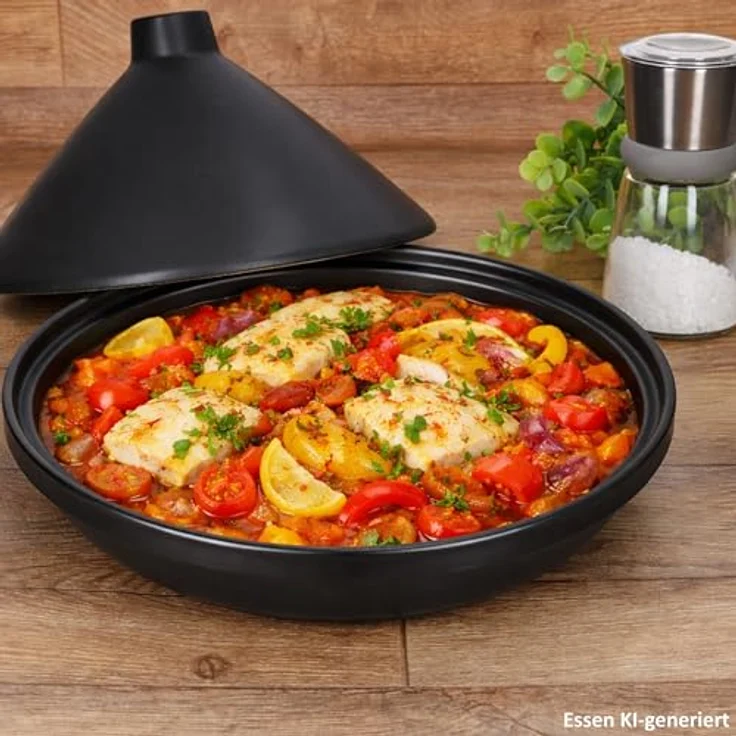 MamboCat Tajine, Schmorform aus matt schwarz Steingut mit Deckel, 24 cm, für Ofen bis 200 °C, ideal zum Garen und Servieren von Tajine-Gerichten – Bild 3