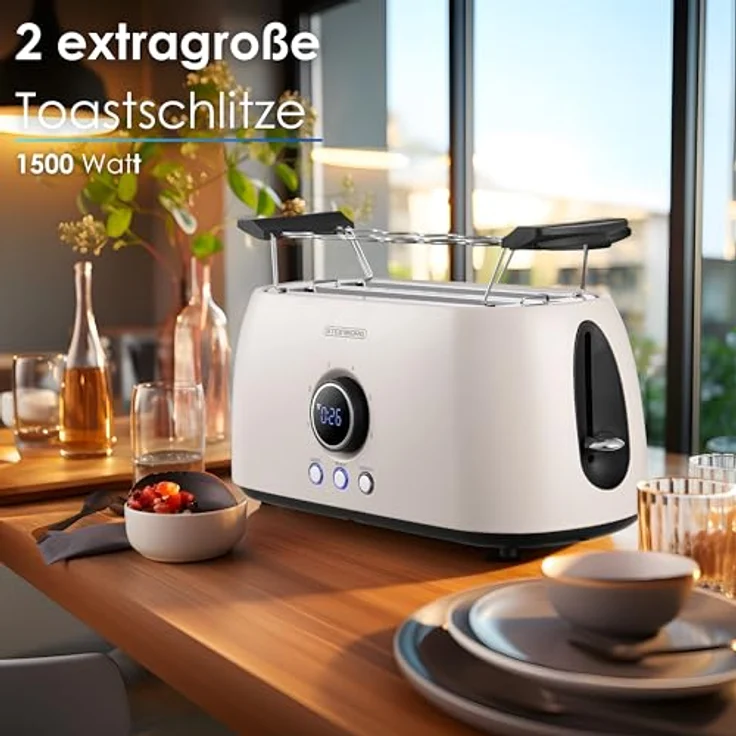 Steinborg Langschlitztoaster 4-Scheiben mit Brötchenaufsatz, automatischer Abschaltung, digitalem Display und Restzeitanzeige, Cool-Touch-Gehäuse (Bulgur Beige) – Bild 2