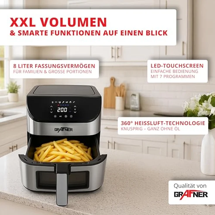 Grafner XXL Digitale Heißluftfritteuse 8 L, 1800 Watt, LED Touchscreen, 7 Programme, Sichtfenster, Edelstahl, inkl. 100x Backpapier, Antihaft-Beschichtung, ölfrei – Bild 2