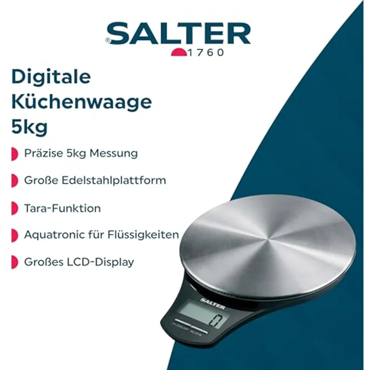 Salter digitale Küchenwaage Edelstahl - Elektronische Waage Digitalwaage für die Küche, Wiegen von Lebensmitteln mit einer Kapazität von 5kg, Flüssigkeiten in ml und fl. Oz., genaue Messung – Bild 3