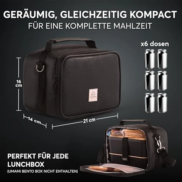 Umami Isolierter Lunchbag Premium, Lunchbox mit veganem Leder, spritzwassergeschützt, Schwarz – Bild 3