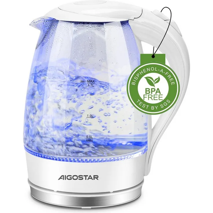 Aigostar Eve Wasserkocher 2200W, 1,7L Glaswasserkocher mit Kalkfilter, LED Beleuchtung, Weiß, 360° Basis, Abschaltautomatik, Trockenschutz, Edelstahl Heizelement