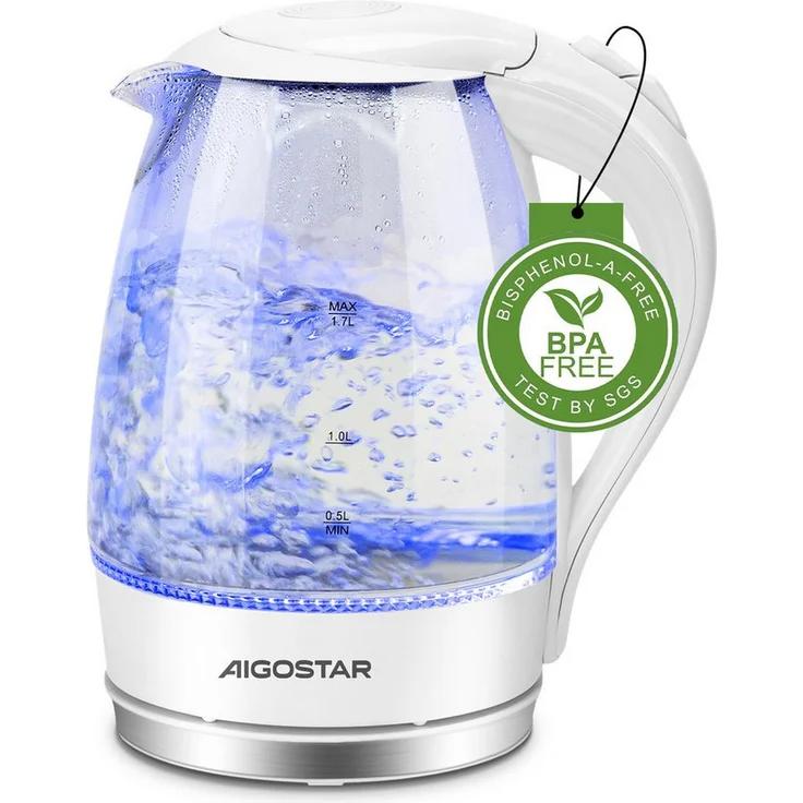 Aigostar Eve Wasserkocher 2200W, 1,7L Glaswasserkocher mit Kalkfilter, LED Beleuchtung, Weiß, 360° Basis, Abschaltautomatik, Trockenschutz, Edelstahl Heizelement