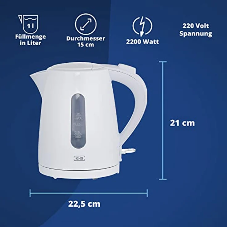 KHG Wasserkocher WK-100W, Kunststoff weiß, 1 Liter, abwaschbarer Kalkfilter, Wasserstandsanzeige, Trockengehschutz, 2200 Watt – Bild 3