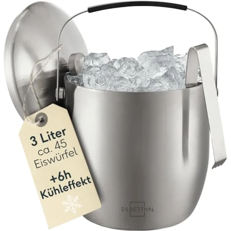 SILBERTHAL Eiswürfelbehälter Edelstahl 3L, Doppelwandig Isoliert mit Deckel & Zange, Eiskübel für Cocktails, Wein und Sekt
