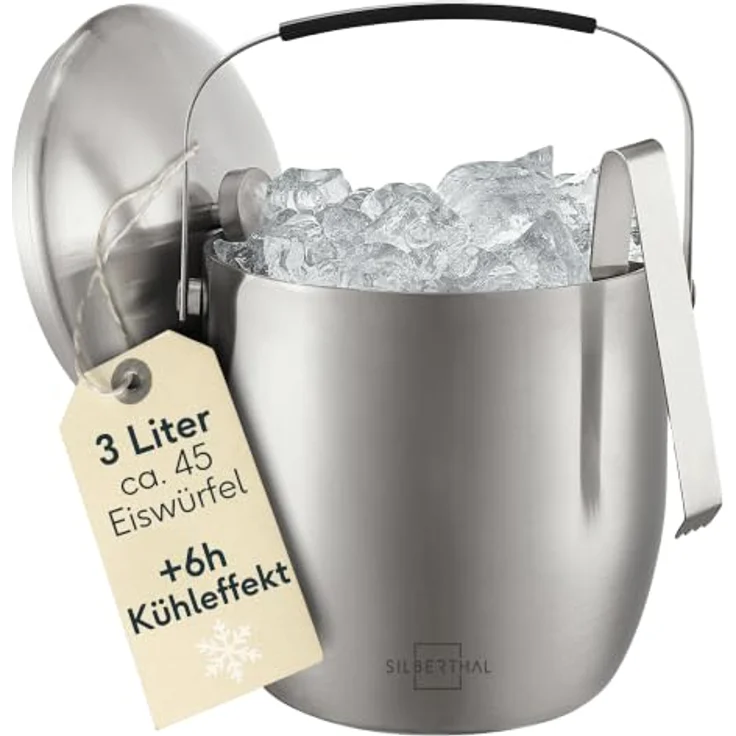 SILBERTHAL Eiswürfelbehälter Edelstahl 3L, Doppelwandig Isoliert mit Deckel & Zange, Eiskübel für Cocktails, Wein und Sekt – Bild 1