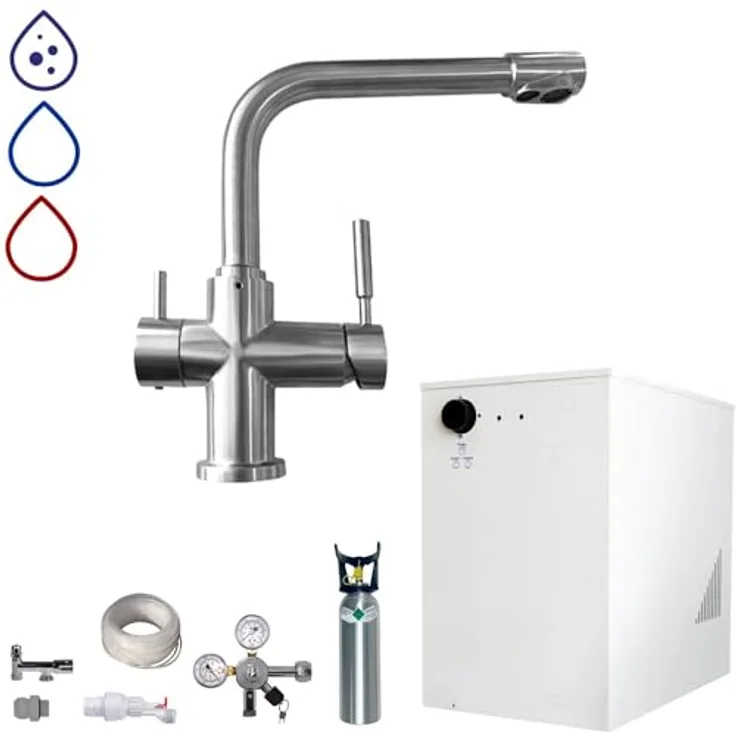 BieTal® Wassersprudler Untertisch Tafelwasseranlage BT-30U mit Kühlung und 3-Wege L Hahn 2 KG CO2 Komplettset