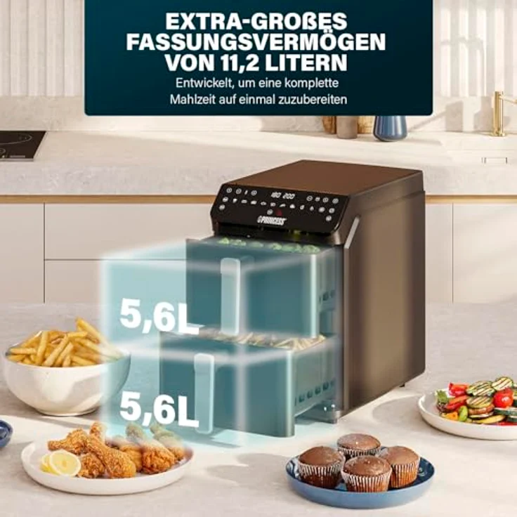 Princess Stack Heißluftfritteuse, Doppelte Fritteuse mit 11,2 L Kapazität, 3000 W, Vertikales Design, Sync-Funktion, PFAS-frei, Digitale Steuerung, Schwarz – Bild 4