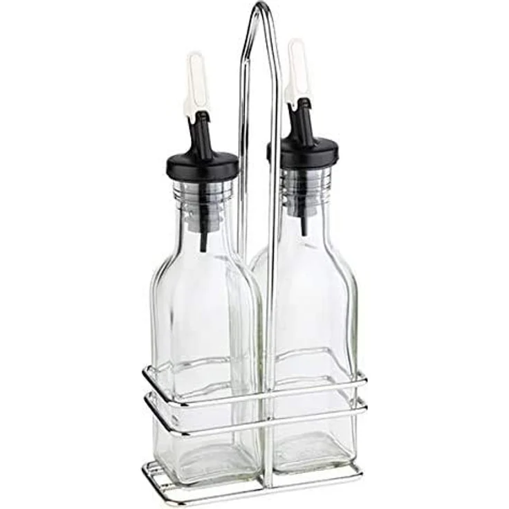 APS Essig- & Öl-Menage, Glasbehälter mit Deckel und tropffreiem PE-Ausgießer, 24 cm hoch für je 0,12 Liter, verchromtes Edelstahlgestell – Bild 2