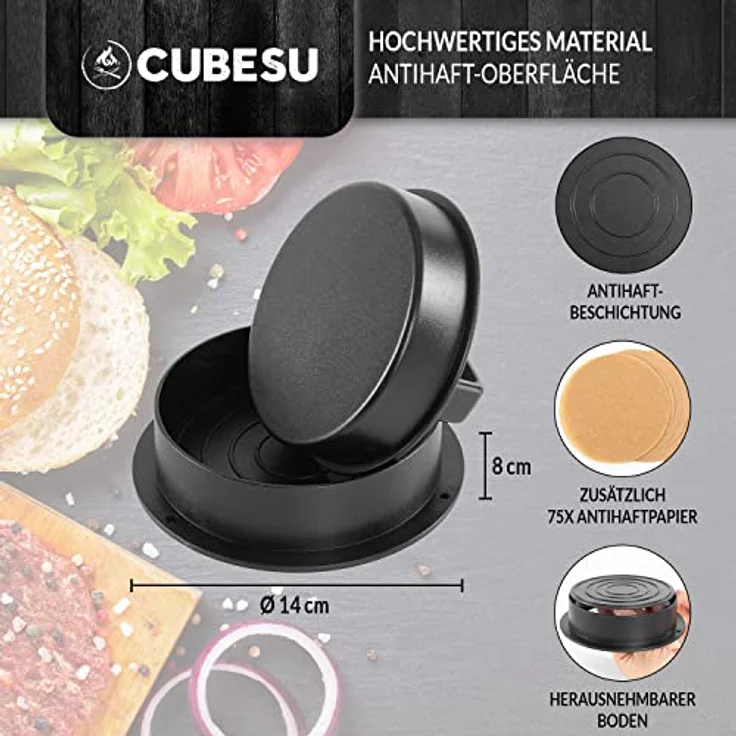 Cubesu Burgerpresse Set, 3 Ringformen in verschiedenen Größen, Antihaftbeschichtung, 75 Blatt Backpapier, inkl. Stempel für gefüllte Patties – Bild 4