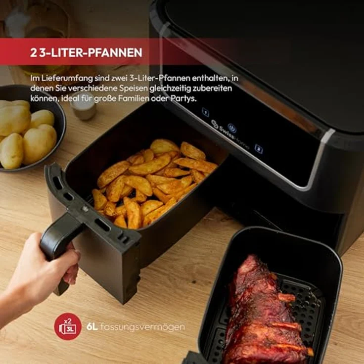 Z SwissHome DARK Luftfritteuse 2100W, 2 Töpfe 3L, 8 Funktionen, LED-Touchscreen, Antihaftbeschichtung, Dörr- und Aufwärmfunktion, einfache Reinigung – Bild 4