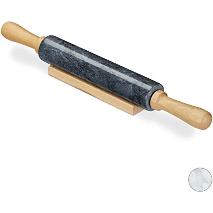 Relaxdays Nudelholz Marmor, Griffe aus Holz, Teigroller zum Kochen & Backen, Ablage, 48 cm, schwere Backrolle, schwarz