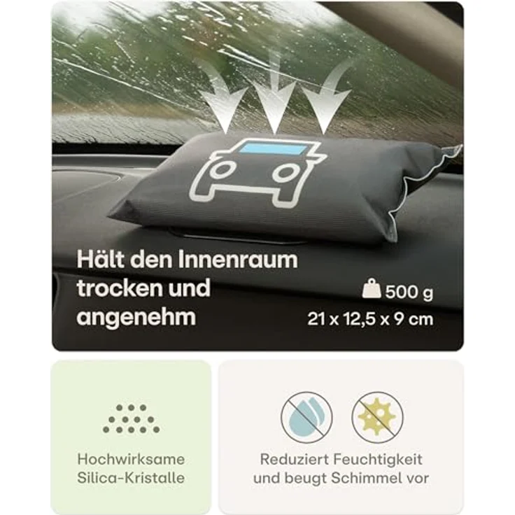 Praknu Luftentfeuchter Auto 500 g, Wiederverwendbares Feuchtigkeitskissen mit Sättigungsanzeiger & Anti-Rutsch Pad, Auto Zubehör für beschlagene Autoscheiben im Winter – Bild 3