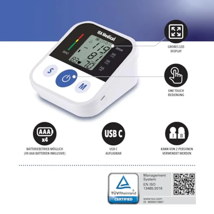 IEA Medical Blutdruckmessgerät Oberarm, TÜV zertifiziert, für 2 Personen, großes Display, USB-C und Batteriebetrieb – Bild 3