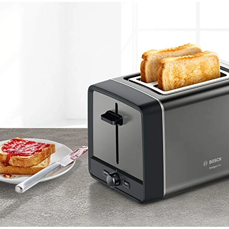 Bosch TAT5P425DE DesignLine Kompakt-Toaster, Auftau-Aufwärmfunktion, versenkbarer Brötchenaufsatz, Abschaltautomatik, 970 W, grau – Bild 6