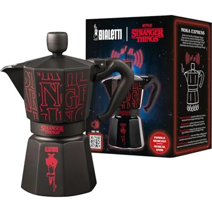 Bialetti Espressokanne Stranger Things, 6 Tassen, Edelstahl, Schwarz / Rot, mit Easy-Clean Sicherheitsventil