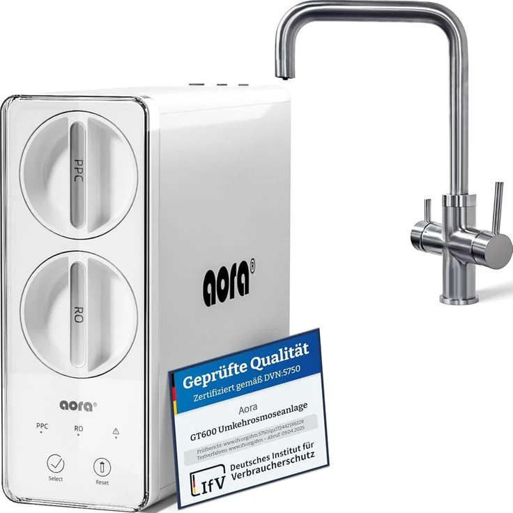 Neues Wasser AORA GT600 Umkehrosmoseanlage, 8-Stufen-Filtration, tanklos, 3-Wege-GIULIA U-Armatur aus Edelstahl
