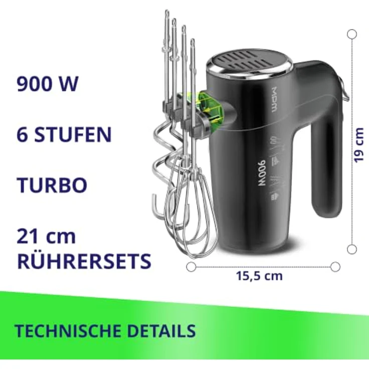 MPM Handmixer 900W, 6 Geschwindigkeitsstufen + Turbo, 4 lange Rühraufsätze mit integrierter Aufbewahrung – Bild 3