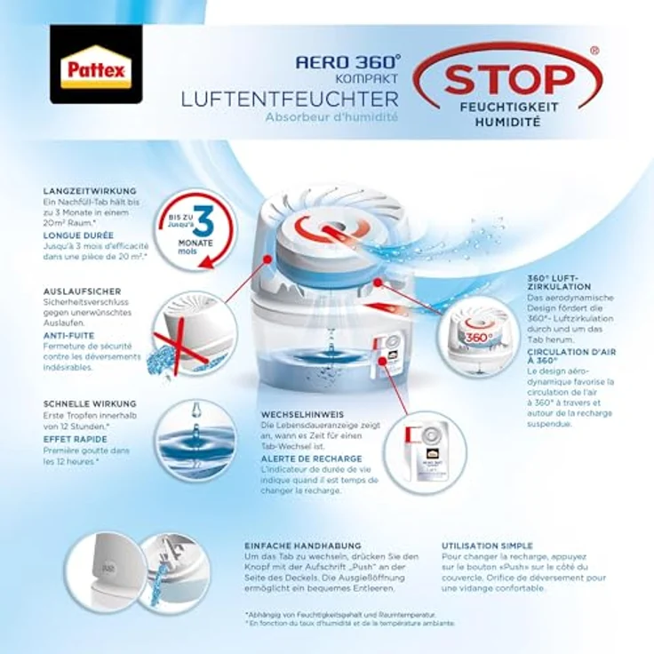 Pattex AERO 360° Luftentfeuchter für das Badezimmer, effektive Luftzirkulation, reduziert Feuchtigkeit, weiß – Bild 3