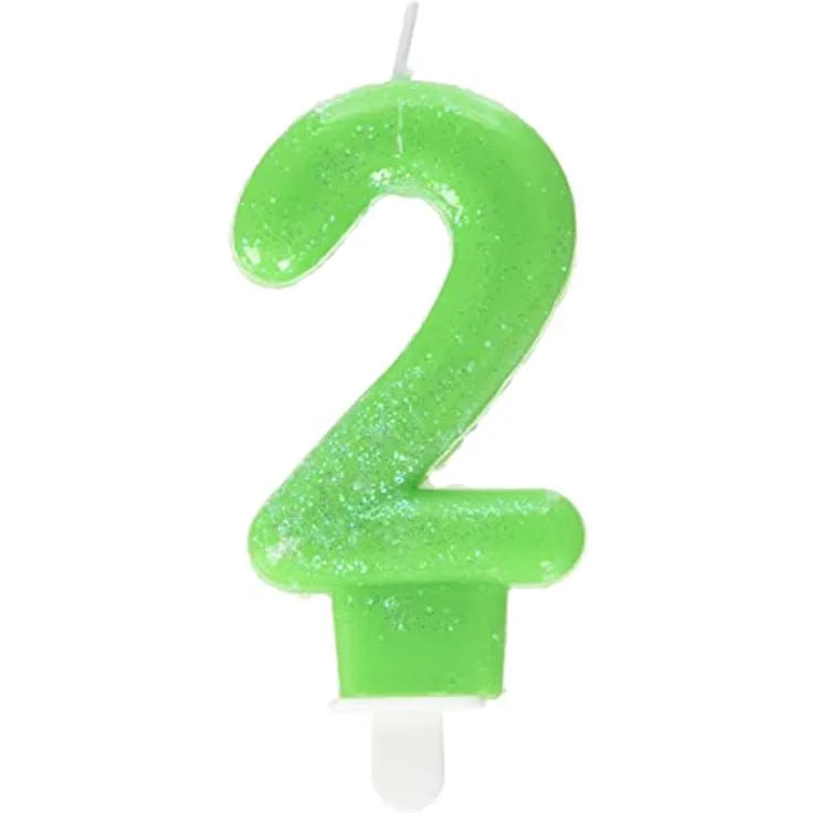 Amscan 9900763 - Zahlenkerze 2, Höhe 7,6 cm, Null, Grün, Glitzer, Tortenkerze, Kerze, Geburtstag, Kuchen, Dekoration