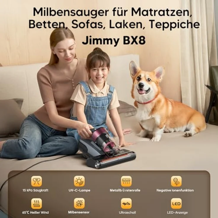 Jimmy BX8 Milbensauger für Matratzen, UV-Licht & 65℃ Heißluft, Staubsensor, Negativ-Ionen-Luftreinigung, LED-Bildschirm, 15 kPa Saugkraft, für Bett, Sofas und Teppiche – Bild 2