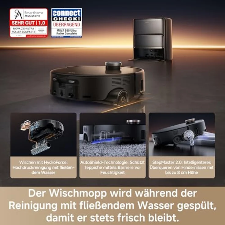 Mova Z60 Ultra Roller Complete, Saugroboter mit Wischfunktion, 700 W, Warmwasser-Wischsystem, 28.000 Pa, Hindernisüberwindung, App-Steuerung – Bild 2