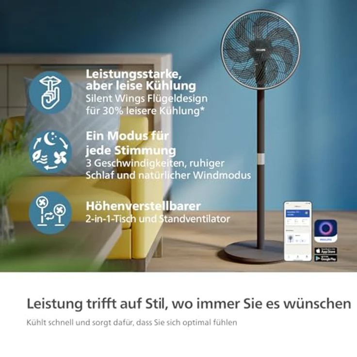 Philips Smart Standventilator Serie 3000, Starke & extrem leise SilentWings-Technologie, 2-in-1-Tisch- & Standventilator, App-Steuerung, Schwarz (CX3550/01) – Bild 2