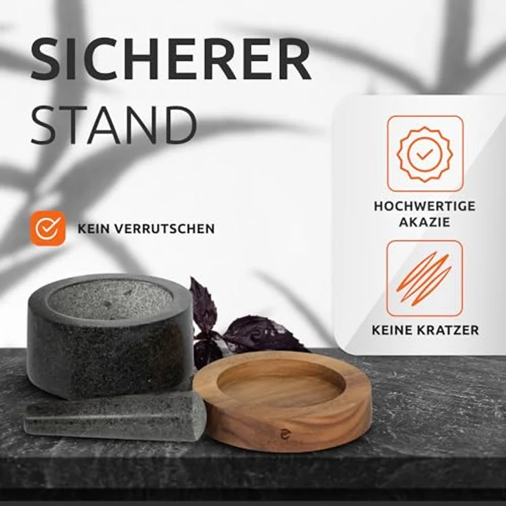 ECENCE Granitmörser mit Stößel aus Akazienholz Ø11cm, Küchenmörser für optimales Mahl-Ergebnis, naturbelassenes Design – Bild 5