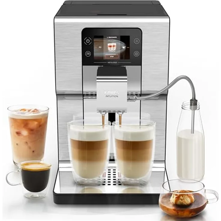 Krups EA879E, Kaffeevollautomat mit integriertem Mahlwerk, 2,5 l Wassertank, TFT-Display, metallisch, Silber, Schwarz