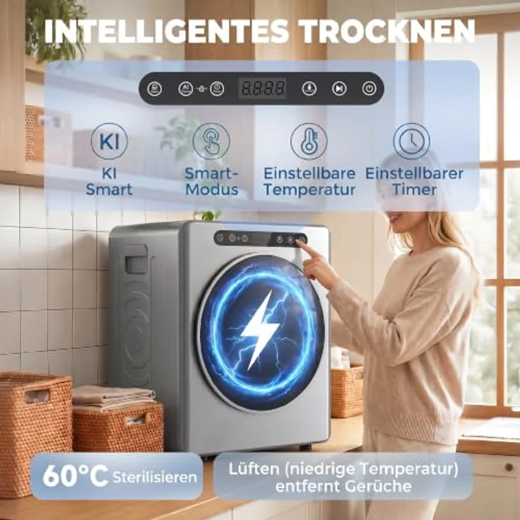 HOMCOM Mini Ablufttrockner 5kg mit Sterilisation, knitterfreier Trockenmodus, kompakte Bauweise, Silber – Bild 3