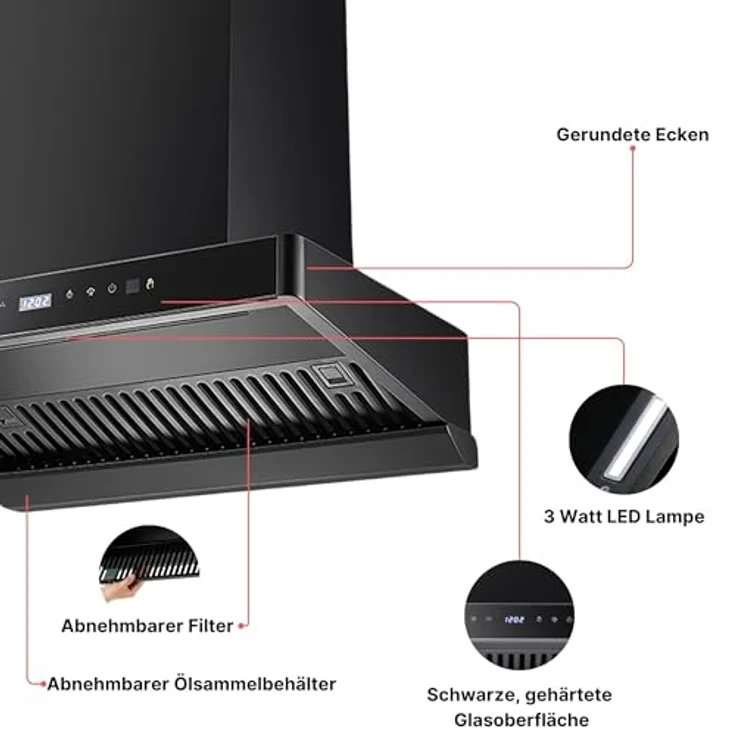 KB ELEMENTS Dunstabzugshaube 60cm, Umluft/Abluft Dunstabzugshaube in Schwarz mit 1350m³/h starker Saugleistung, 8 Einstellstufen, Aktivkohlefilter, Effizienz A+, ELK150H60 – Bild 5