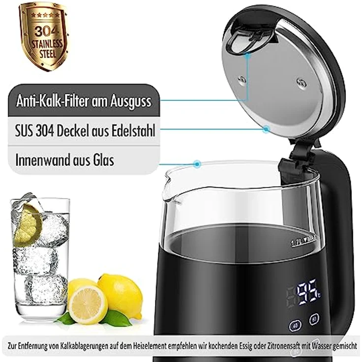 Forme Glas Wasserkocher 1,7 Temperatureinstellung Temperaturwahl 40-100°C LED Smart Digital Temperaturanzeige BPA FREI Einstellbar Glaskessel I Edelstahl Glaswasserkocher Teekessel Warmhaltefunktion - Preisvergleich – Bild 5