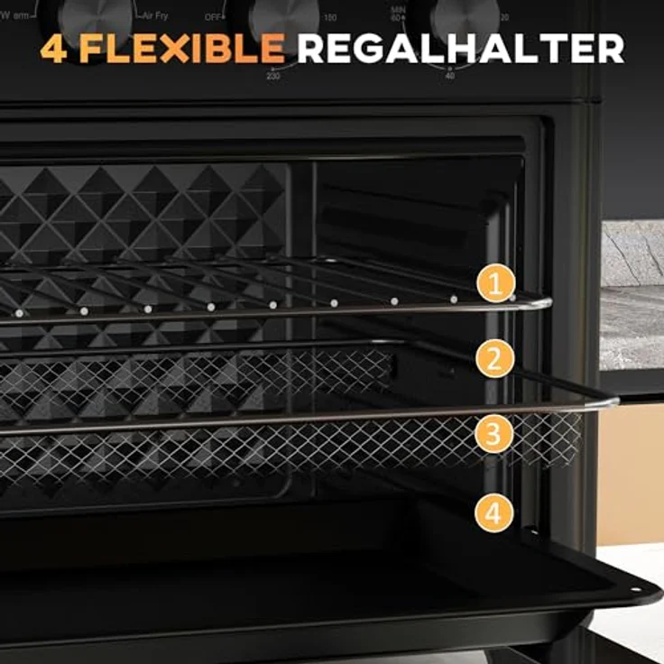 HOMCOM Minibackofen Umluft 30L Mini Ofen 7 Modi, Frittierkorb, 60 Min. Timer, 1600W, in schwarz – Bild 4
