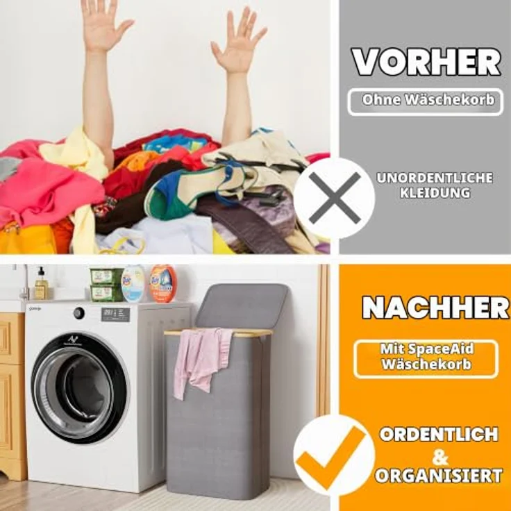 SpaceAid Wäschekorb mit Deckel 110L, Faltbar mit Bambusgriffen für Schlafzimmer, Badezimmer und Schlafsaal - Grau – Bild 2
