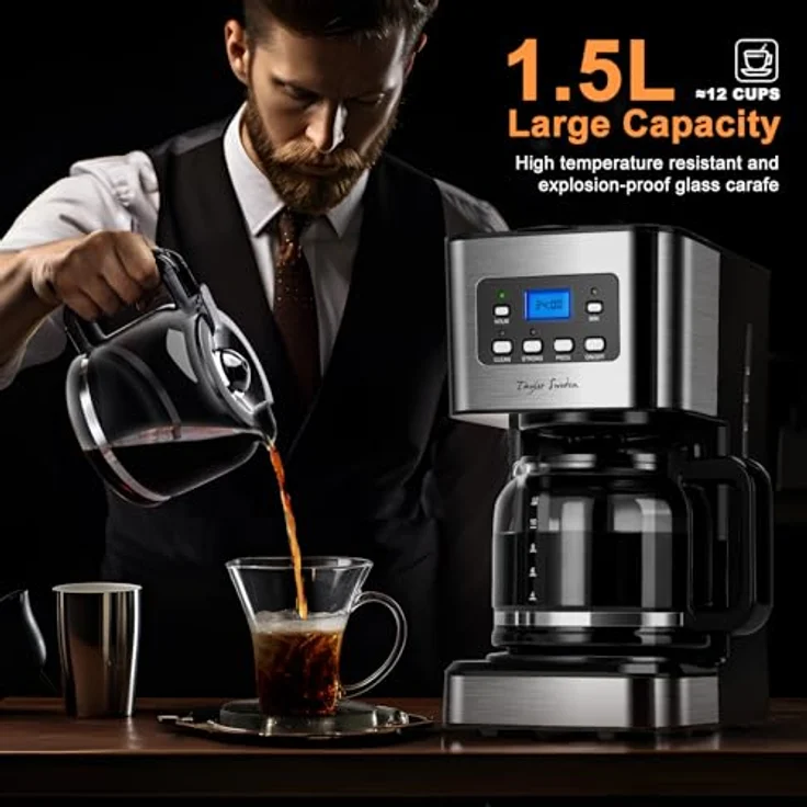 Taylor Swoden Darcy, 950W Filterkaffeemaschine mit Timer, 1.5L für 12 Tassen, Abschaltautomatik, Tropf-Stopp, wiederverwendbarem Filter, BPA-frei, Schwarz – Bild 2