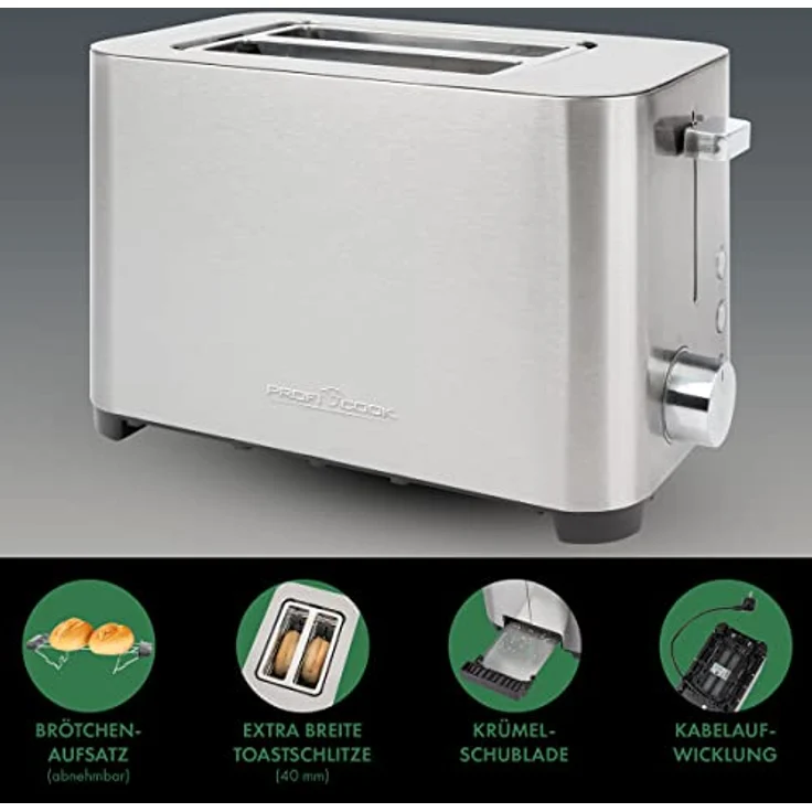 ProfiCook Toaster, Toaster 2 Scheiben, Auftau-, Aufwärm-/ Schnellstoppfunktion, Toaster mit Brötchenaufsatz, Toaster Edelstahl, PC-TA 1251 – Bild 5