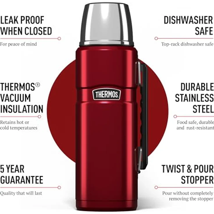 Thermos Thermoskanne - Thermosflasche für Lebensmittel, 1,2 l, Edelstahl, Rot – Bild 5
