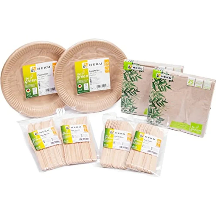 HEKU 30011-01: Bio-Einweg-Set be Green mit Tellern, Messer, Gabeln und Servietten, 170-teilig,