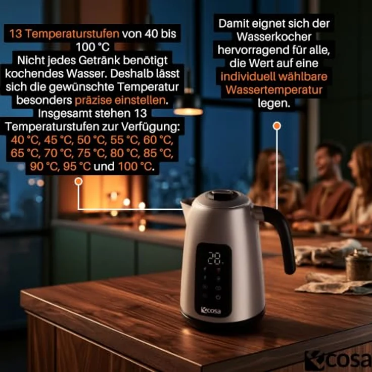 Ecosa Edelstahl Wasserkocher 1,7L mit Touch Display, 2200W, 13 Temperaturstufen 40–100 °C, Warmhaltefunktion und 360° Basis – Bild 3