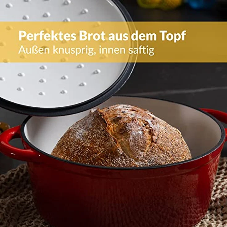 Gusseisen Topf 26 cm 4,7 L emailliert - Schmortopf mit Deckel Induktion - Gusseisen Bräter Topf Brot backen - Cocotte emaille - Bratentopf - Brotbacktopf – Bild 5