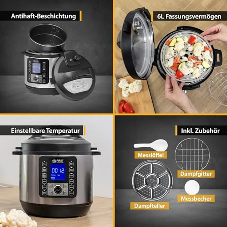 TZS FIRST AUSTRIA Multikocher Druckkochtopf elektrisch 6L, 12 Automatik-Programme, 1000 W, Dampfgarer mit Warmhaltefunktion, silber/schwarz – Bild 4