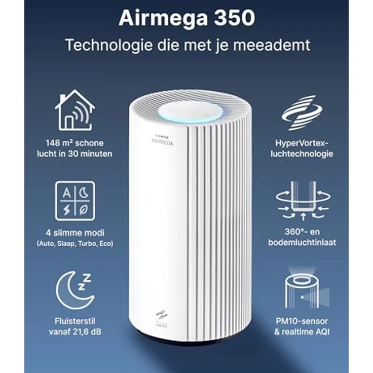 COWAY AIRMEGA 350, Luftreiniger für große Räume, CADR 713 m³/h, HEPA Filter, reinigt 148 m² in 30 Min., PM10-Sensor, Energiesparmodus, Farbe Weiß – Bild 2