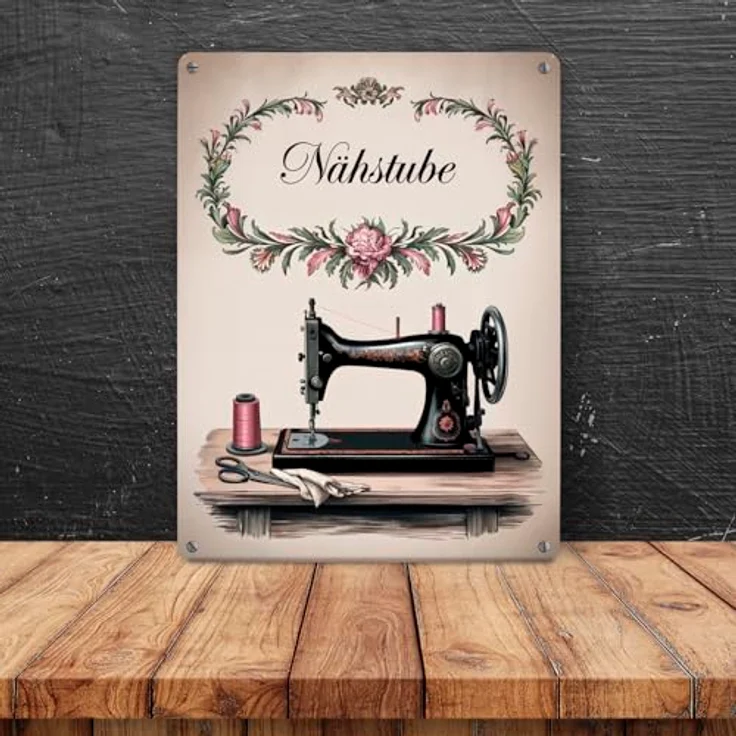 speecheese Vintage Nähmaschine Nähstube Metallschild, kunstvoll illustriert, 15x20 cm für nostalgische Einrichtung – Bild 4