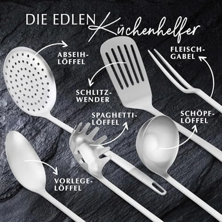 Stanley Rogers Küchenhelfer 6er Set Edelstahl – 6-teiliges Kochbesteck mit Abseihlöffel, Fleischgabel, Schlitzwender, Schöpflöffel, Spaghettilöffel & Vorlegelöffel, Silber – Bild 2
